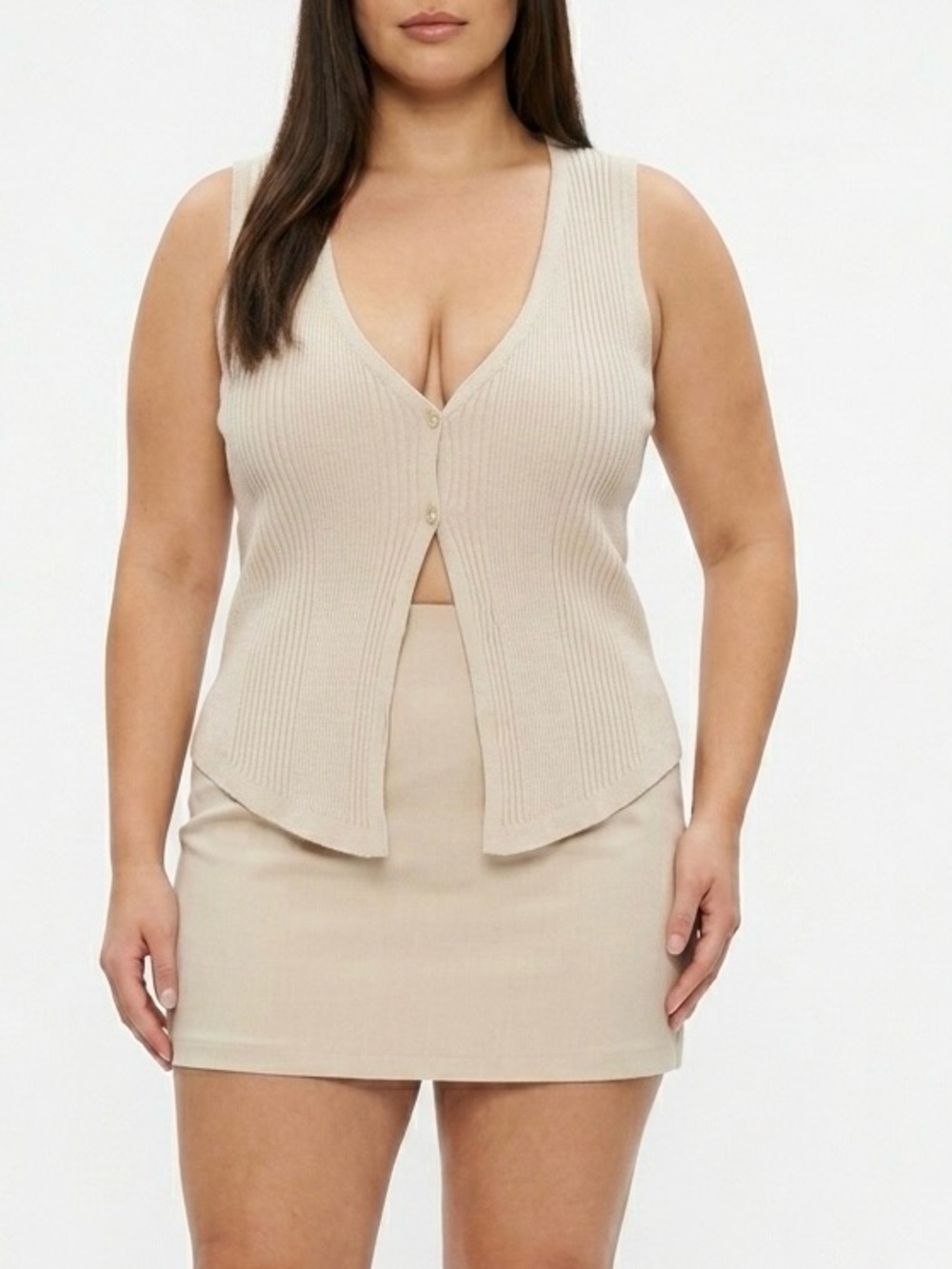 Pink Rose Ribbed Knit Sleeveless Front Button Tank top Vest neck size Large